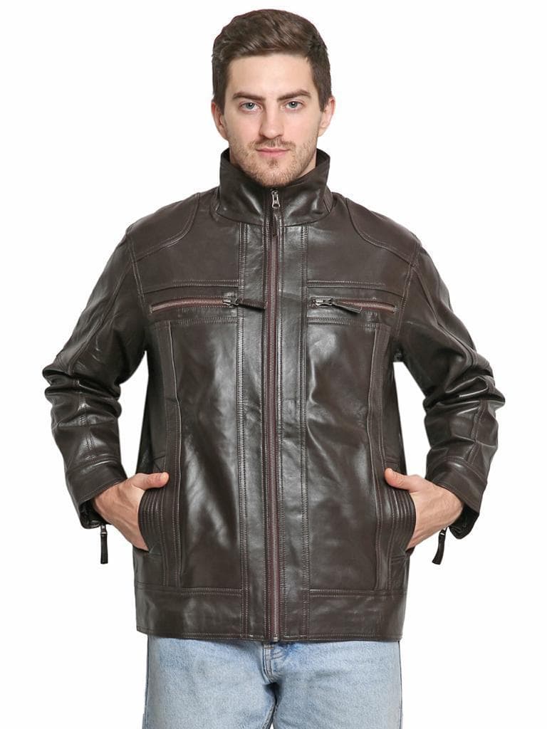 Classic Stand Collar Leather Jacket view 1