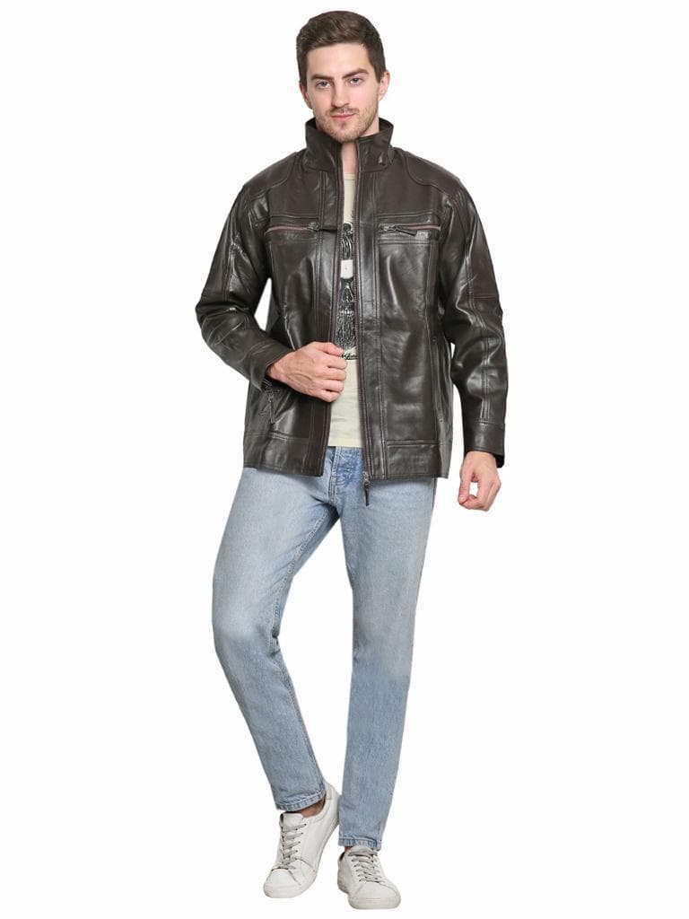 Classic Stand Collar Leather Jacket view 2