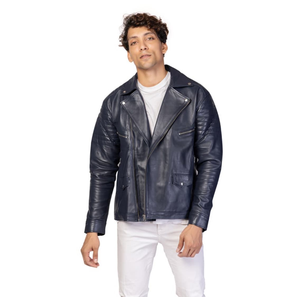 Men’s Premium Navy Blue Leather Jacket view 4