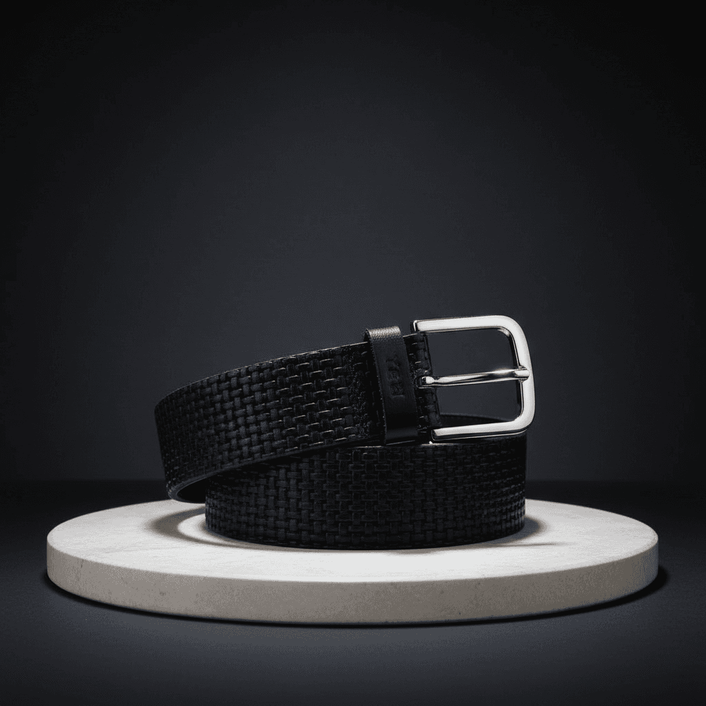 Woven Texture Black Leather Belt
