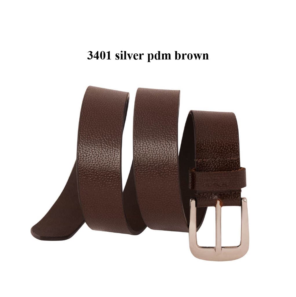 Textured Brown Leather Belt with Silver PDM Buckle
